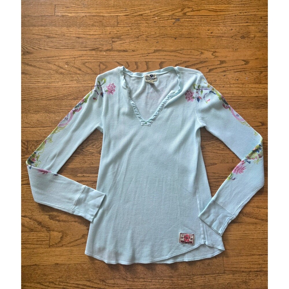 VTG Y2K Lucky Brand Dragon Floral Thermal Long Sleeve Shirt Blue Size XL